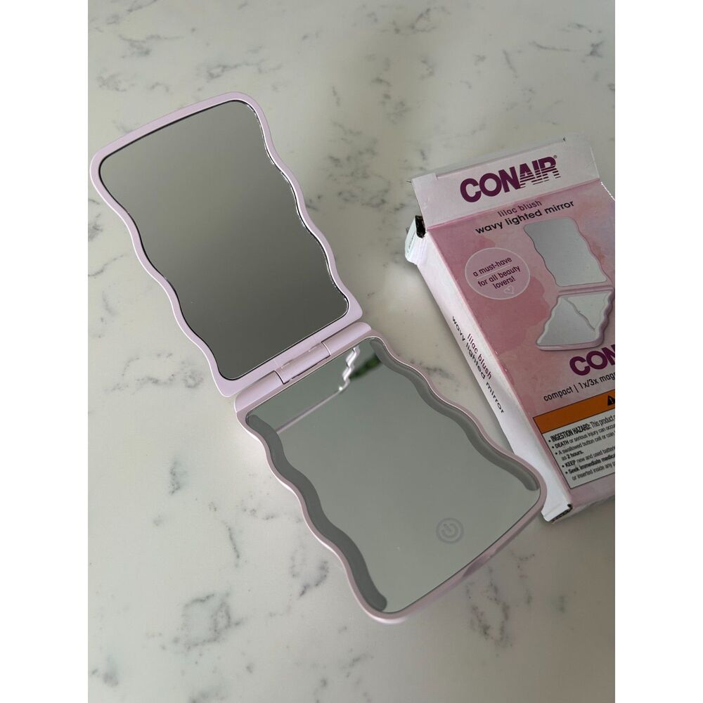 Conair LED Lighted Compact Mirror Lilac Blush Wavy 1x/3x Travel